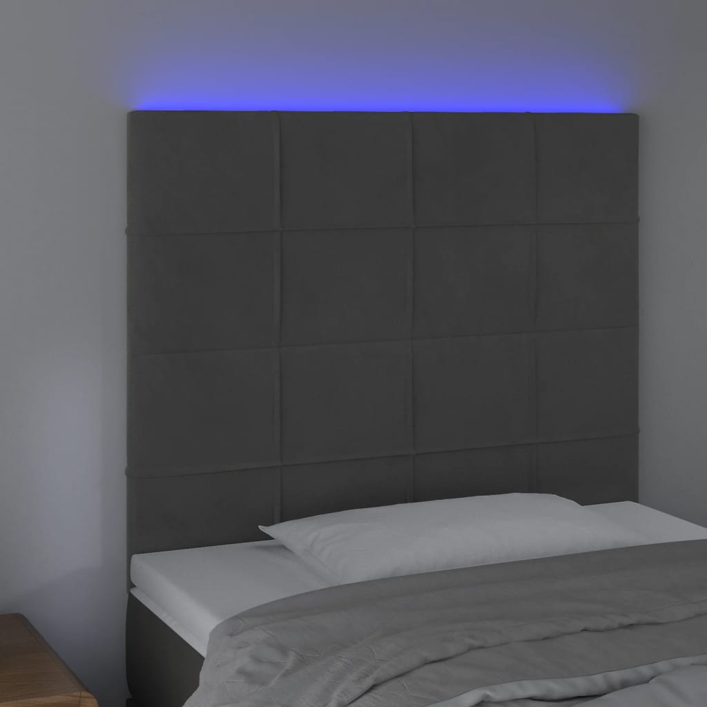 sengegavl med LED-lys 90x5x118/128 cm fløjl mørkegrå