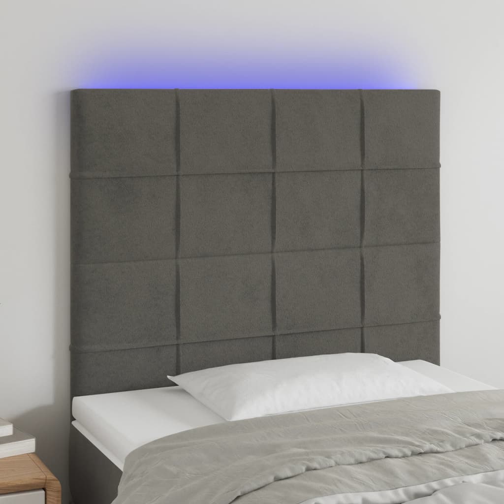 sengegavl med LED-lys 100x5x118/128 cm fløjl mørkegrå