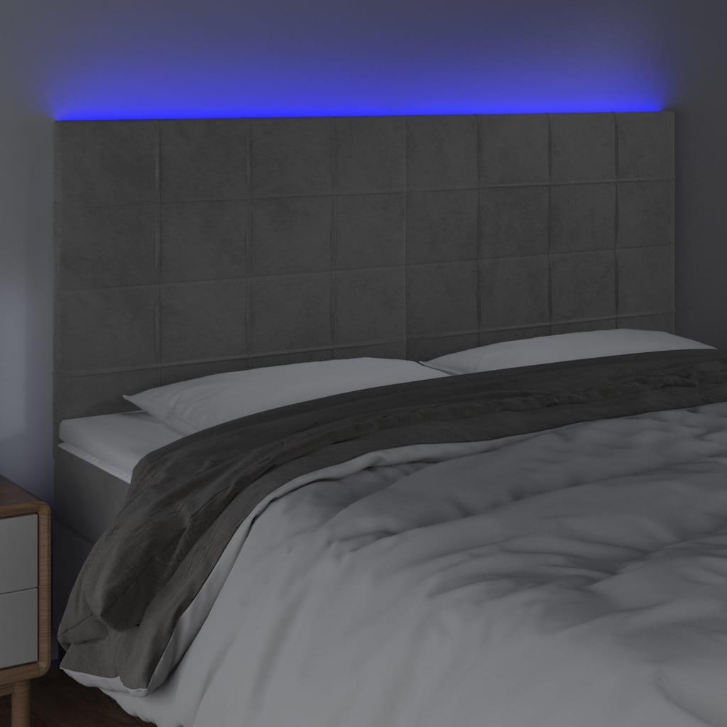 sengegavl med LED-lys 160x5x118/128 cm fløjl lysegrå