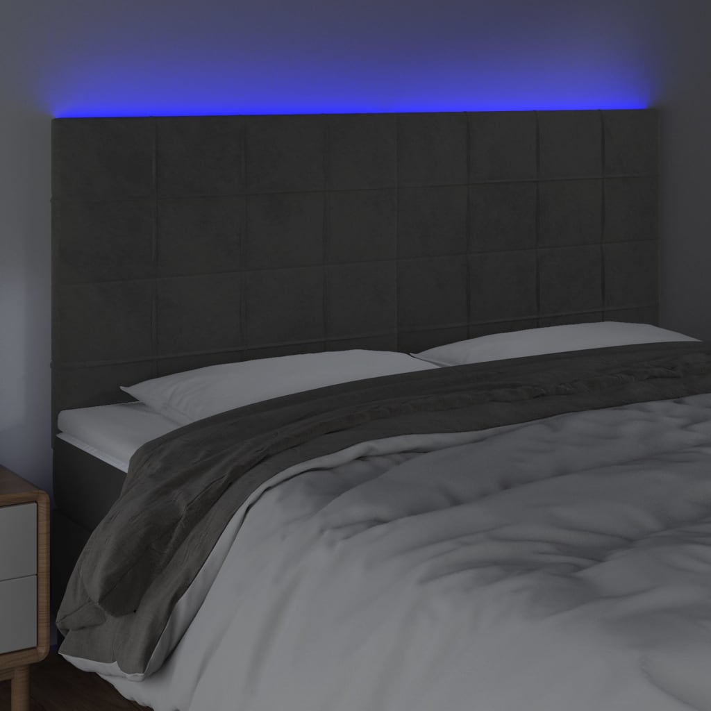 sengegavl med LED-lys 160x5x118/128 cm fløjl mørkegrå