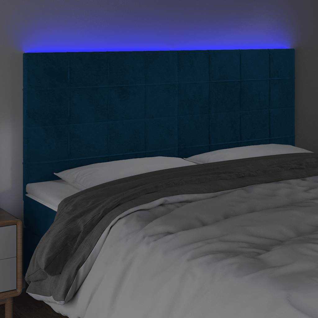 sengegavl med LED-lys 200x5x118/128 cm fløjl mørkeblå