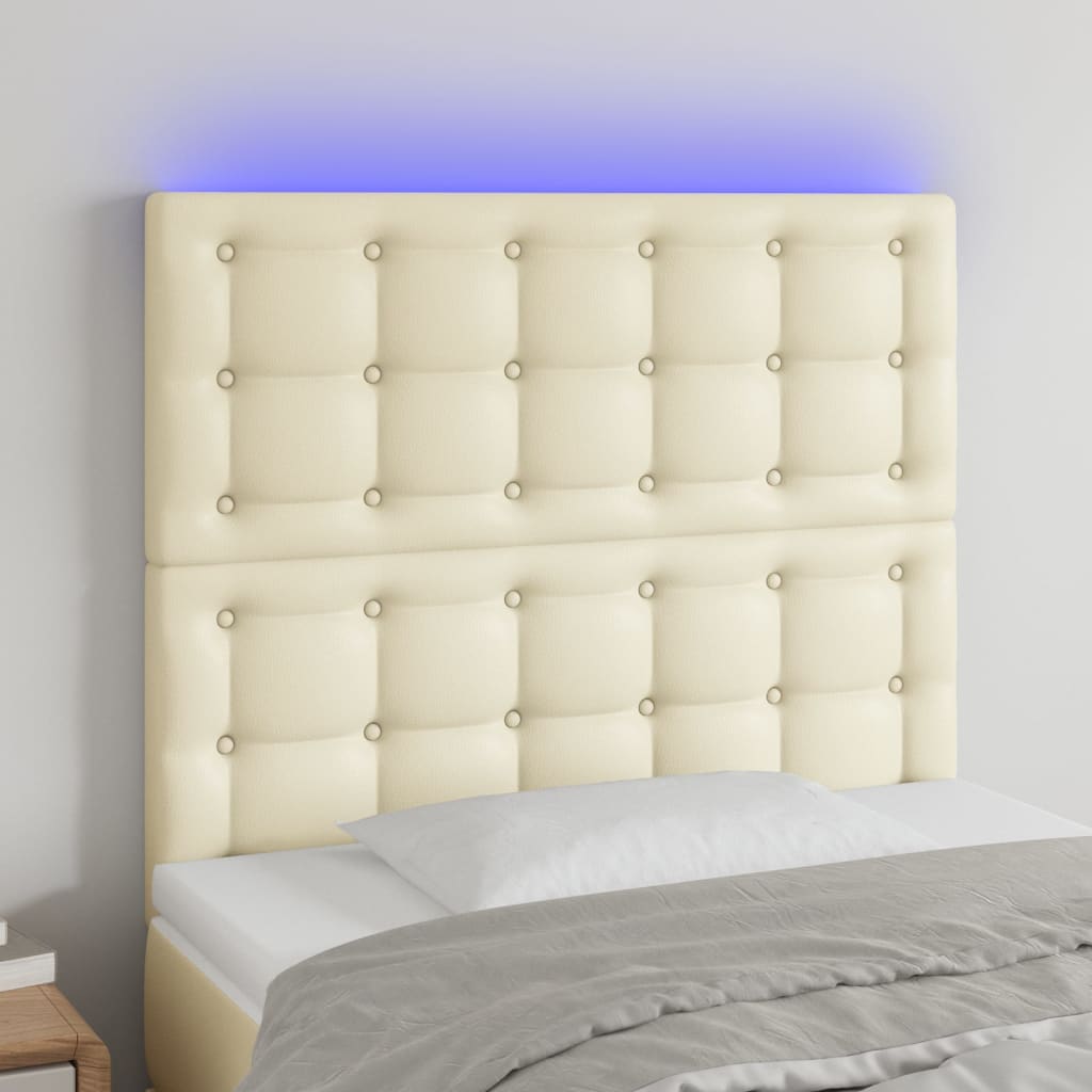 sengegavl med LED-lys 100x5x118/128 cm kunstlæder cremefarvet