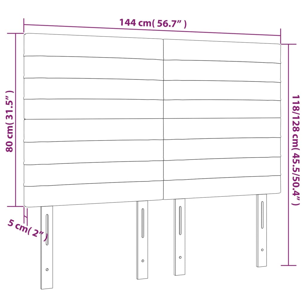 sengegavl med LED-lys 144x5x118/128 cm stof lysegrå