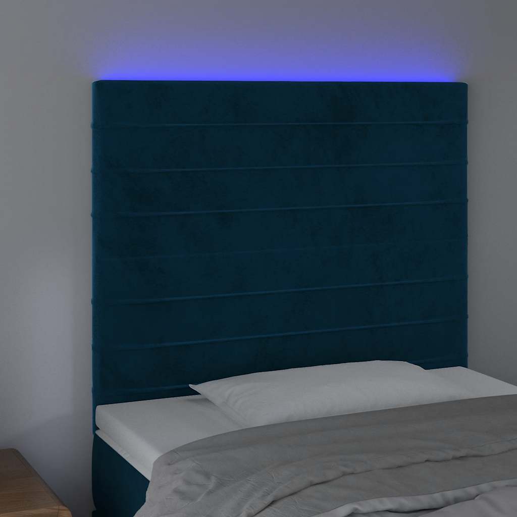 sengegavl med LED-lys 100x5x118/128 cm fløjl mørkeblå