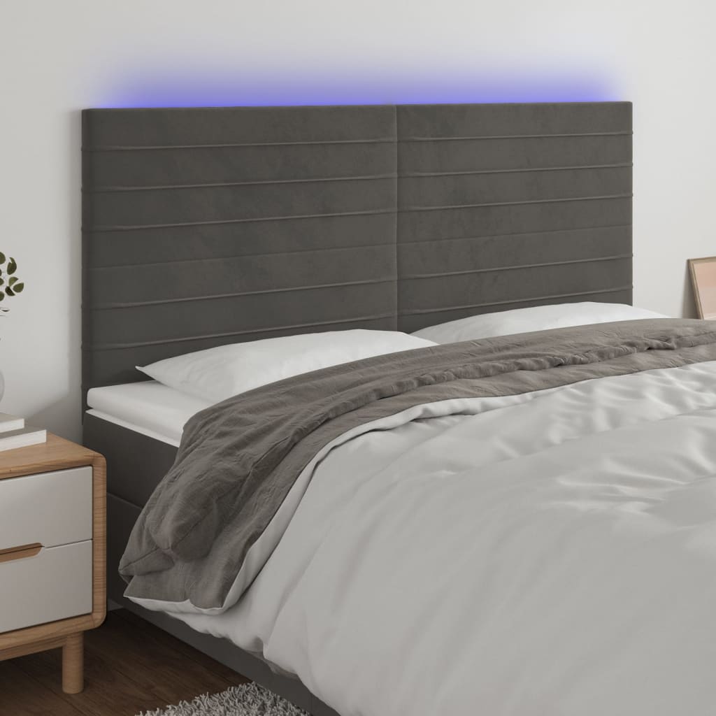 sengegavl med LED-lys 160x5x118/128 cm fløjl mørkegrå