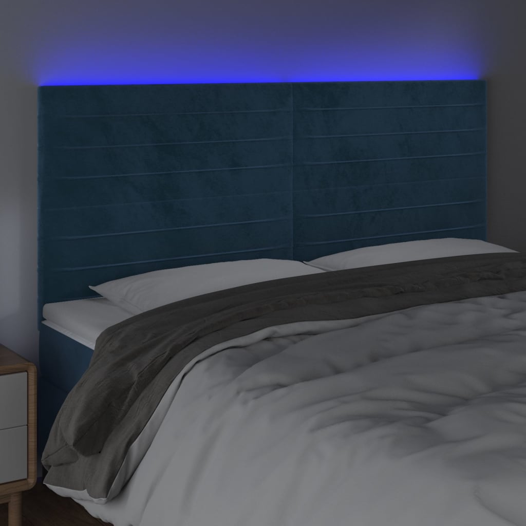 sengegavl med LED-lys 160x5x118/128 cm fløjl mørkeblå