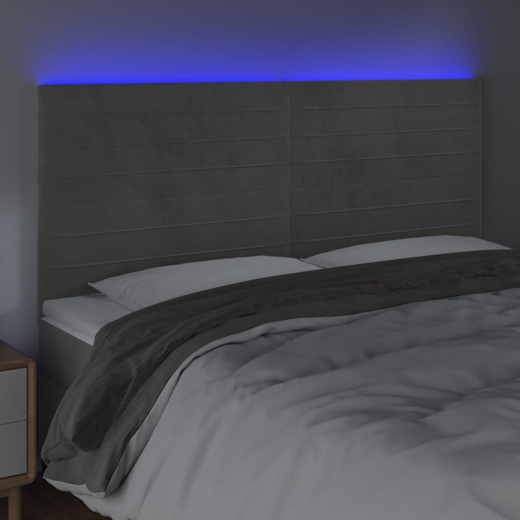 sengegavl med LED-lys 180x5x118/128 cm fløjl lysegrå
