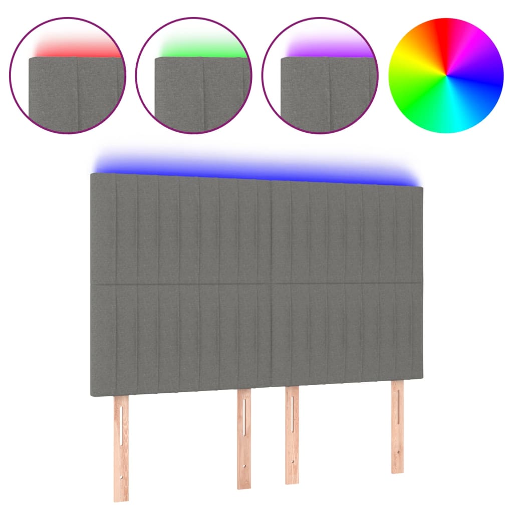 sengegavl med LED-lys 144x5x118/128 cm stof mørkegrå