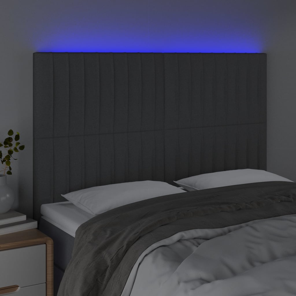 sengegavl med LED-lys 144x5x118/128 cm stof mørkegrå
