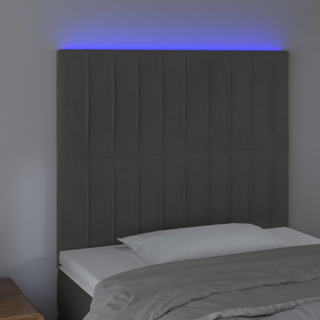 sengegavl med LED-lys 90x5x118/128 cm fløjl mørkegrå