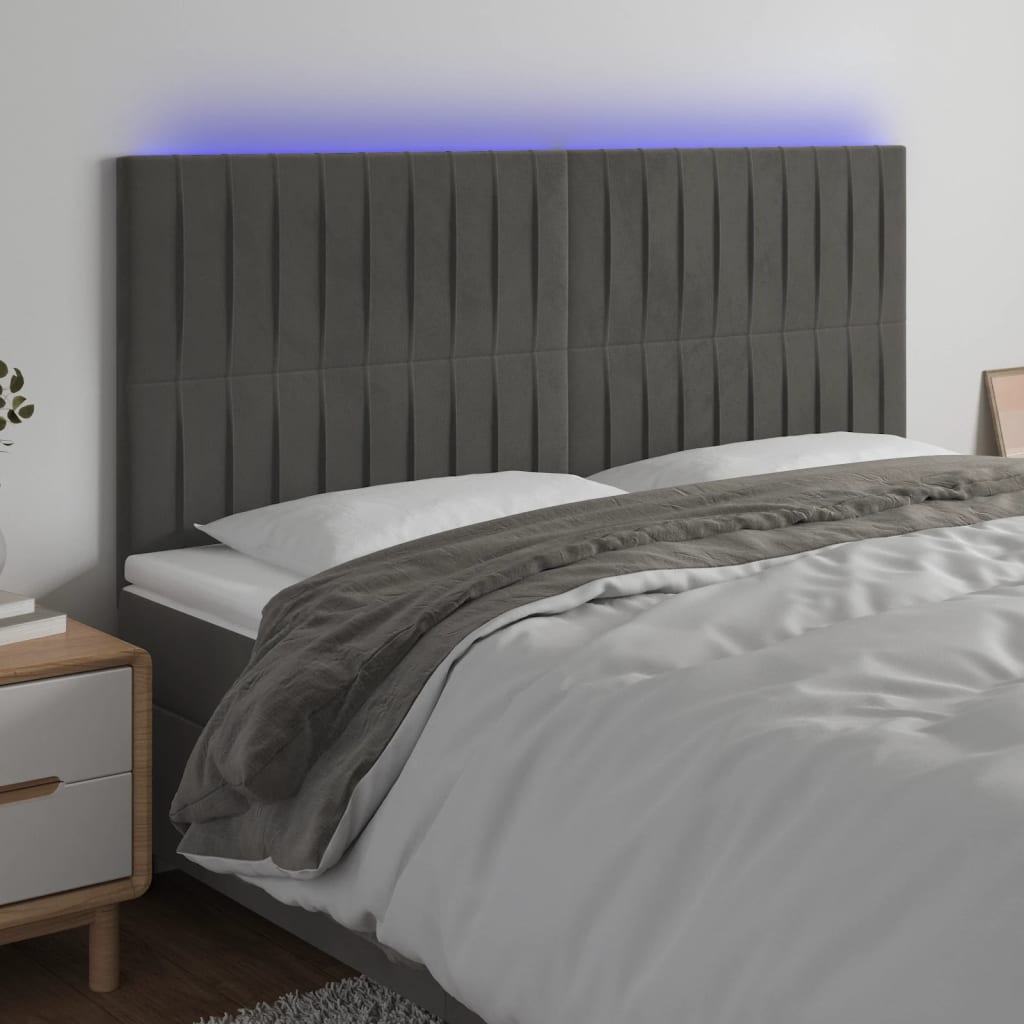 sengegavl med LED-lys 160x5x118/128 cm fløjl mørkegrå