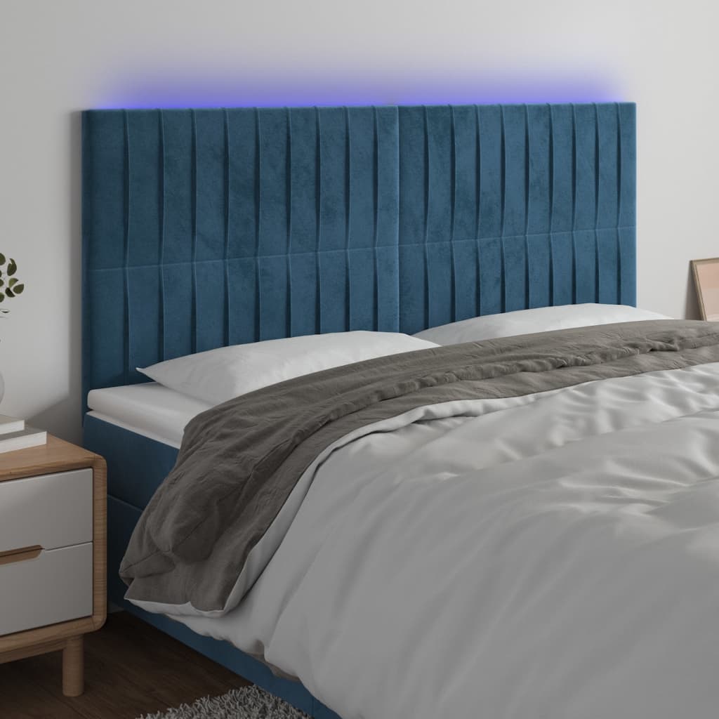 sengegavl med LED-lys 160x5x118/128 cm fløjl mørkeblå