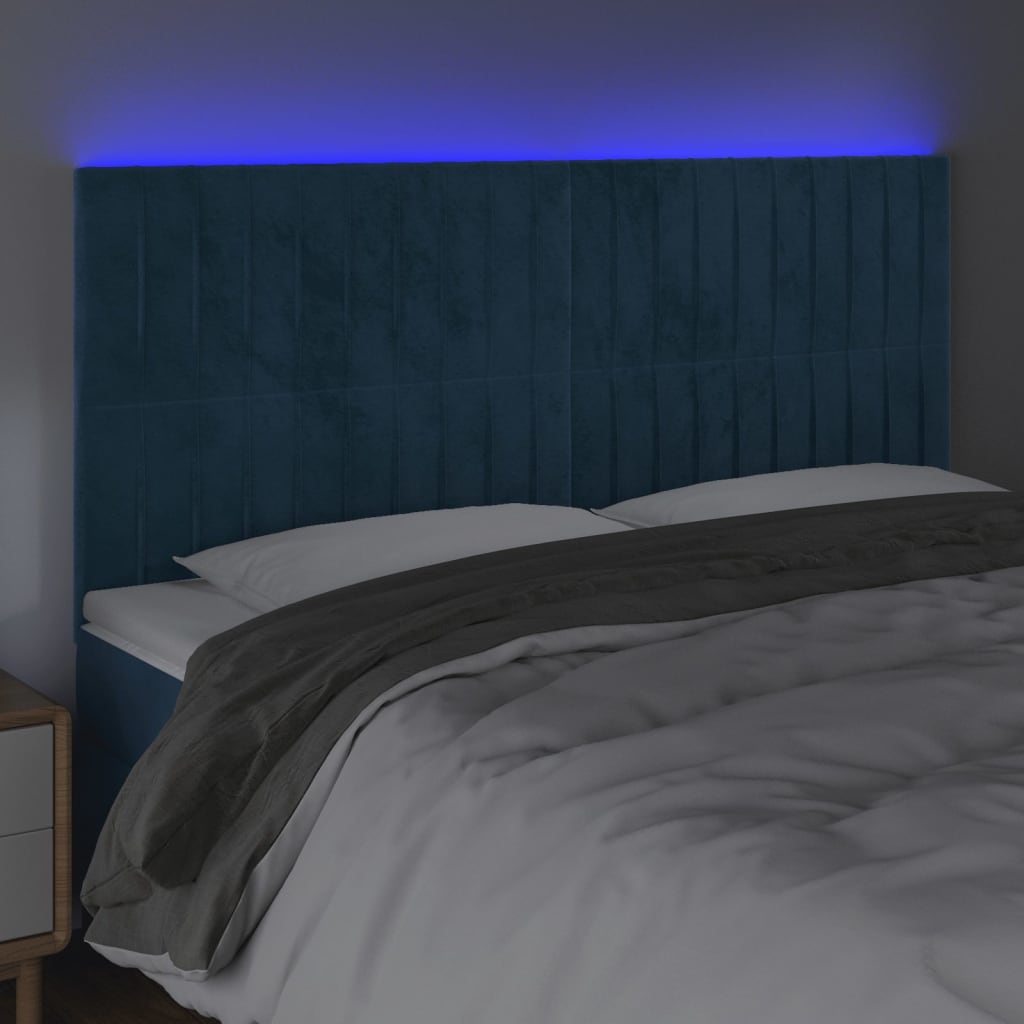 sengegavl med LED-lys 180x5x118/128 cm fløjl mørkeblå