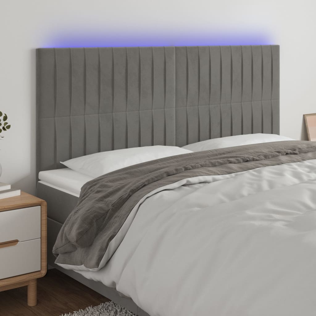 sengegavl med LED-lys 200x5x118/128 cm fløjl lysegrå