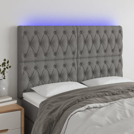 sengegavl med LED-lys 160x7x118/128 cm stof mørkegrå