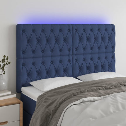 sengegavl med LED-lys 160x7x118/128 cm stof blå