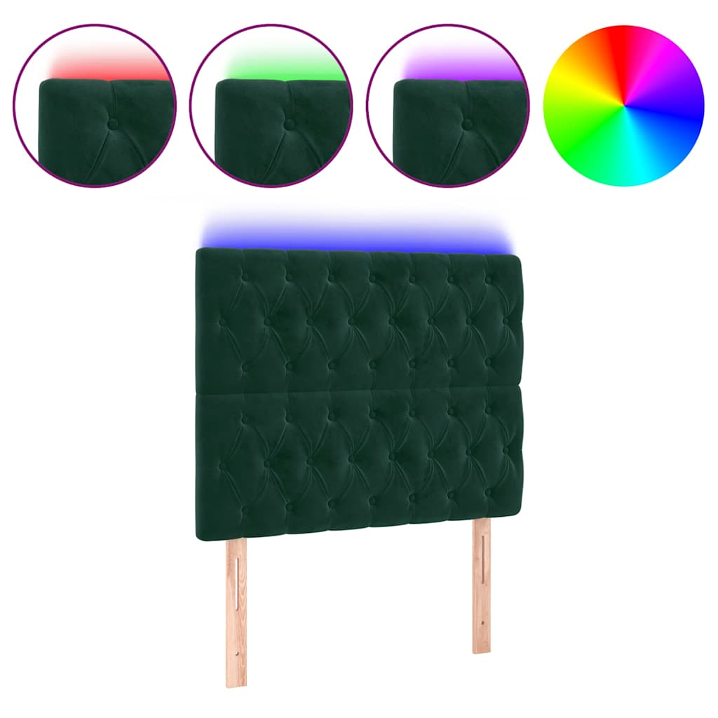 sengegavl med LED-lys 100x7x118/128 cm fløjl mørkegrøn