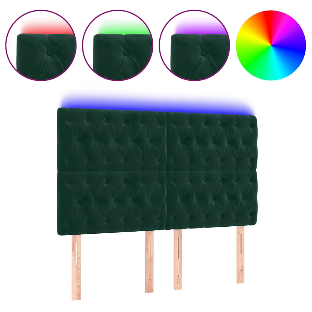 sengegavl med LED-lys 144x7x118/128 cm fløjl mørkegrøn