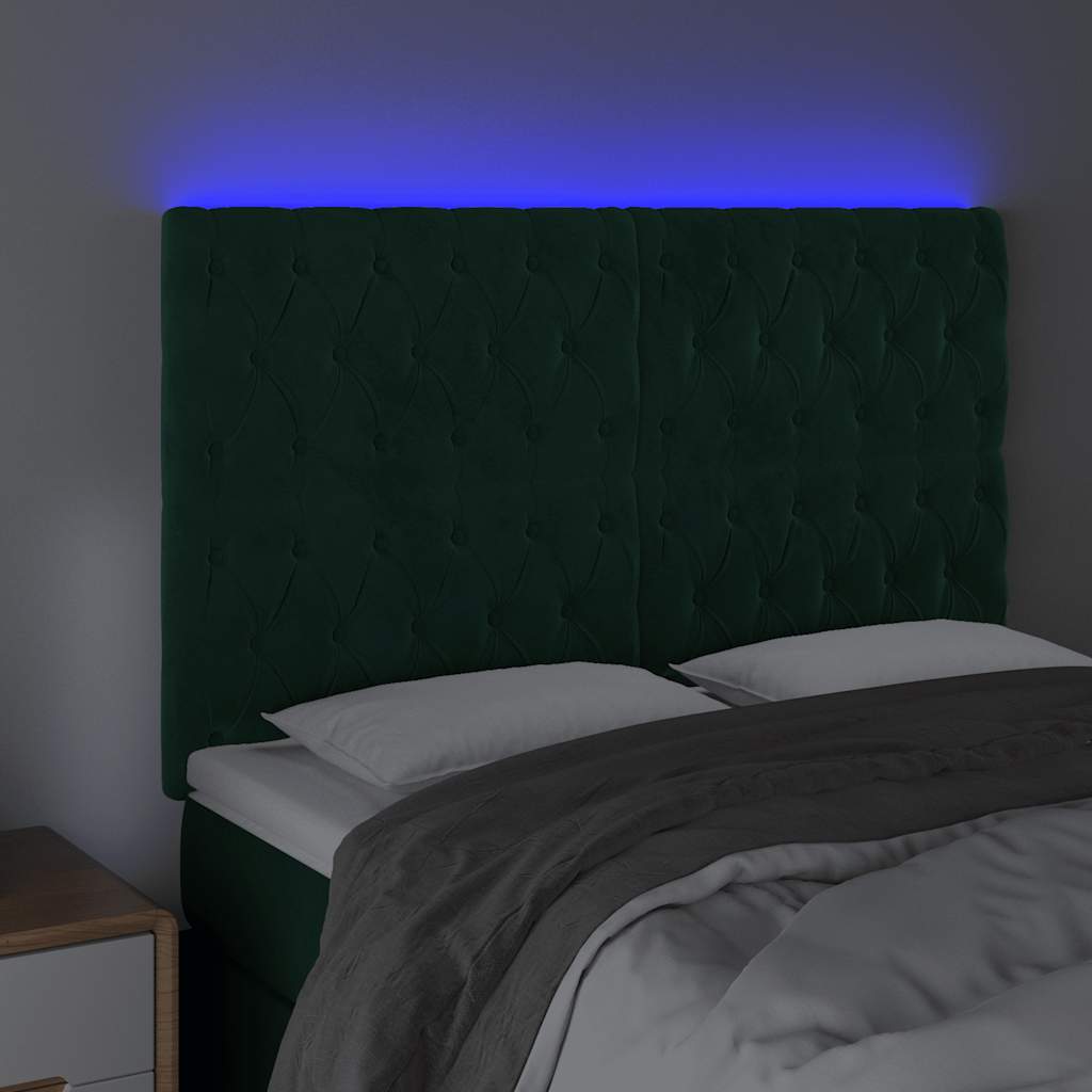 sengegavl med LED-lys 144x7x118/128 cm fløjl mørkegrøn