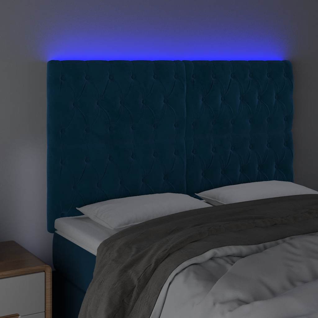 sengegavl med LED-lys 160x7x118/128 cm fløjl mørkeblå