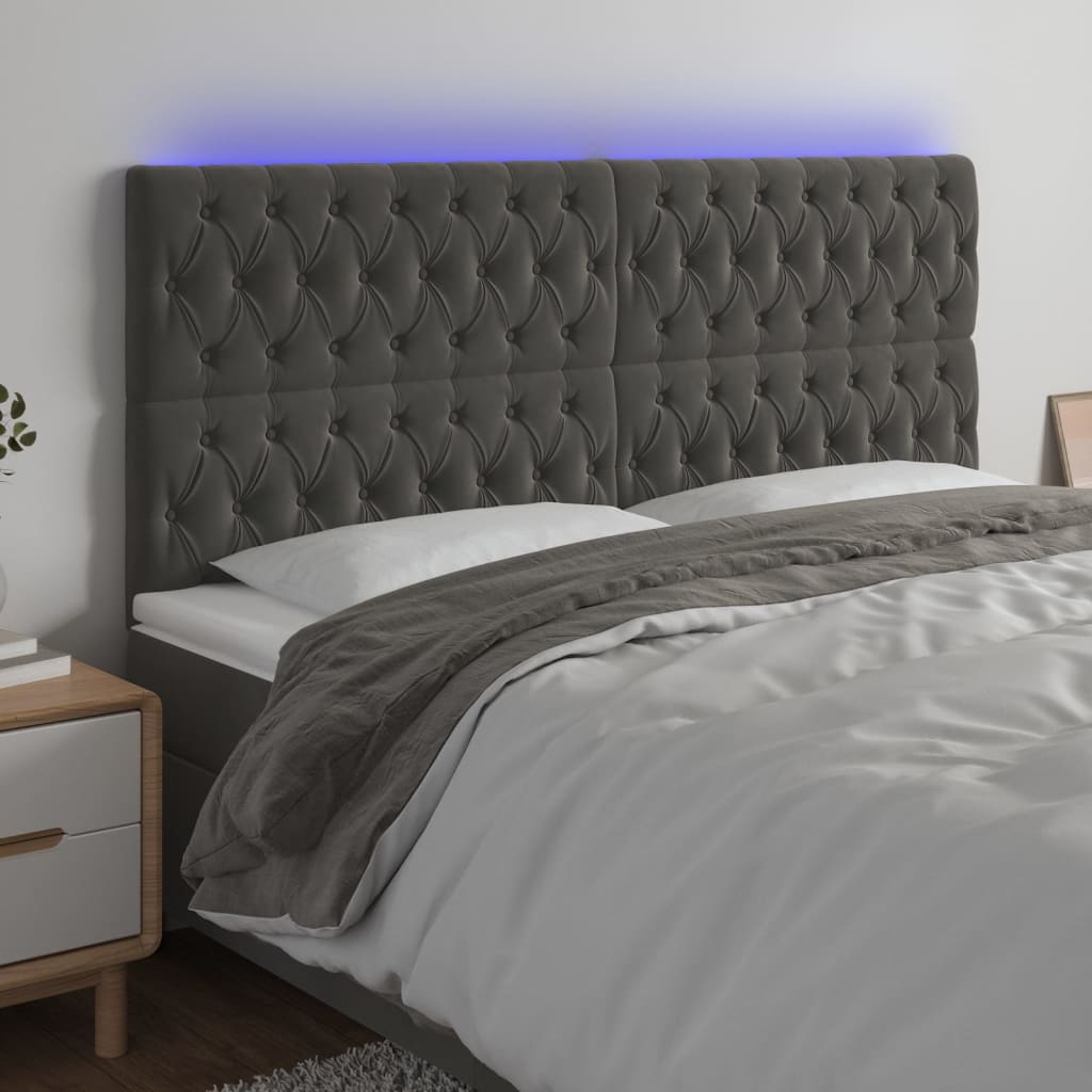 sengegavl med LED-lys 180x7x118/128 cm fløjl mørkegrå