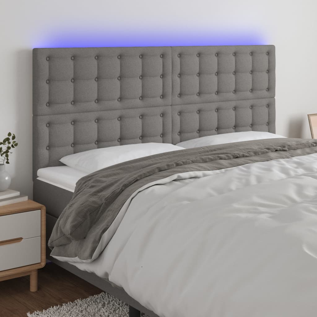 sengegavl med LED-lys 180x5x118/128 cm stof mørkegrå