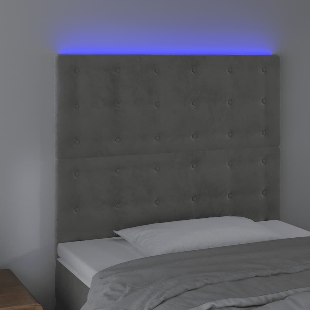 sengegavl med LED-lys 100x5x118/128 cm fløjl lysegrå