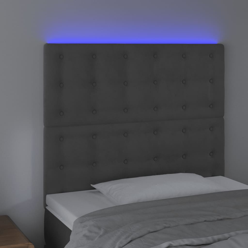 sengegavl med LED-lys 100x5x118/128 cm fløjl mørkegrå