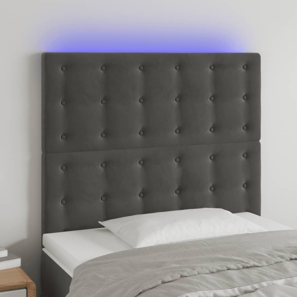sengegavl med LED-lys 100x5x118/128 cm fløjl mørkegrå