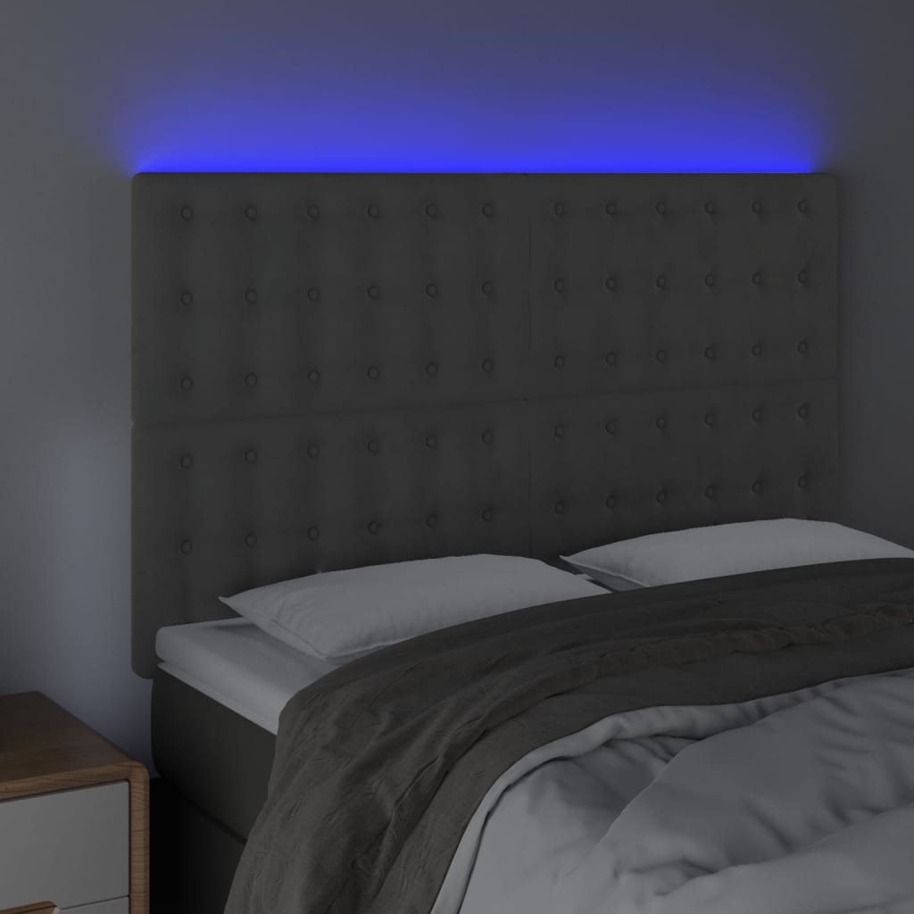 sengegavl med LED-lys 144x5x118/128 cm fløjl lysegrå