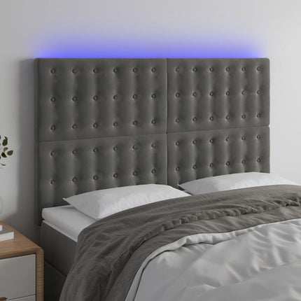 sengegavl med LED-lys 144x5x118/128 cm fløjl mørkegrå