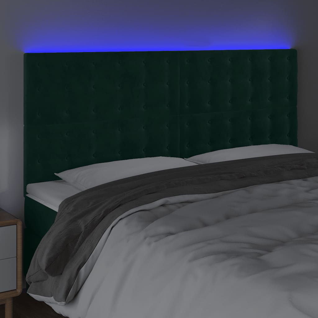 sengegavl med LED-lys 200x5x118/128 cm fløjl mørkegrøn