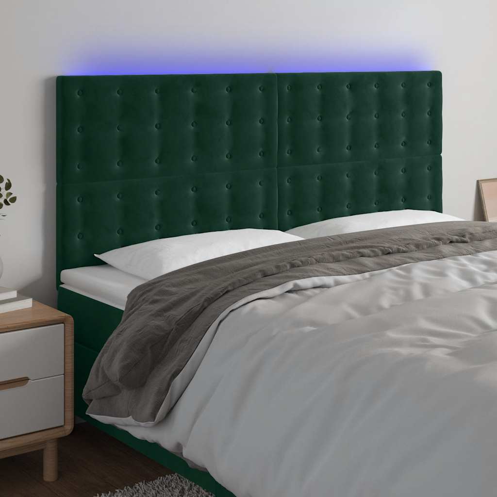 sengegavl med LED-lys 200x5x118/128 cm fløjl mørkegrøn