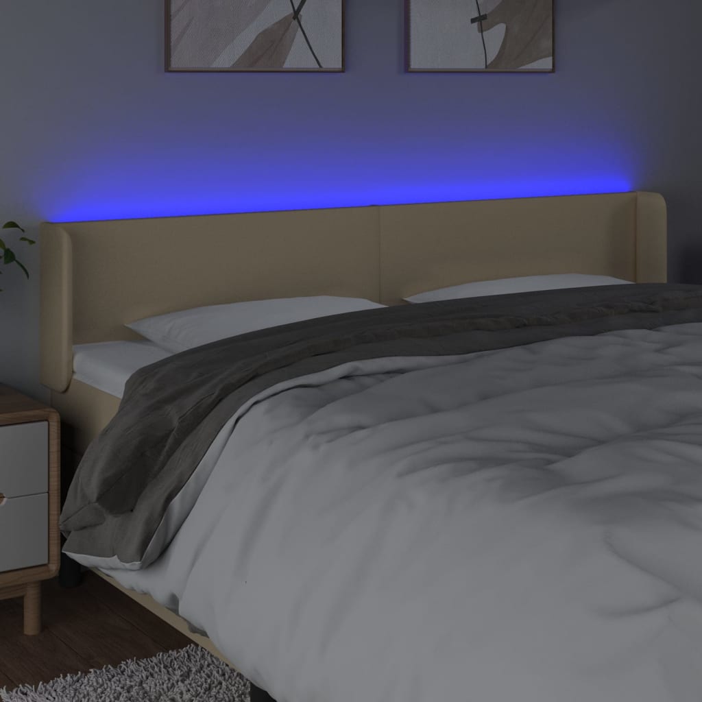 sengegavl med LED-lys 203x16x78/88 cm stof cremefarvet