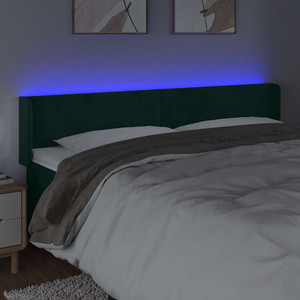 sengegavl med LED-lys 163x16x78/88 cm fløjl mørkegrøn