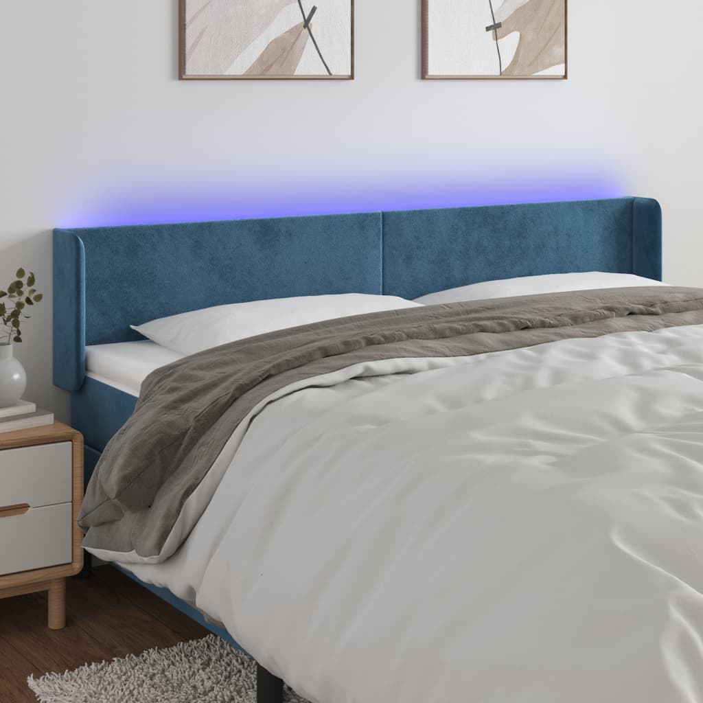 sengegavl med LED-lys 203x16x78/88 cm fløjl mørkeblå