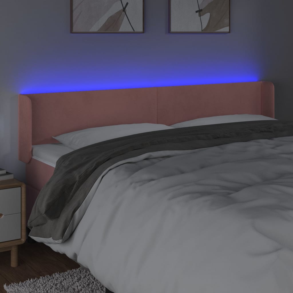 sengegavl med LED-lys 203x16x78/88 cm fløjl lyserød