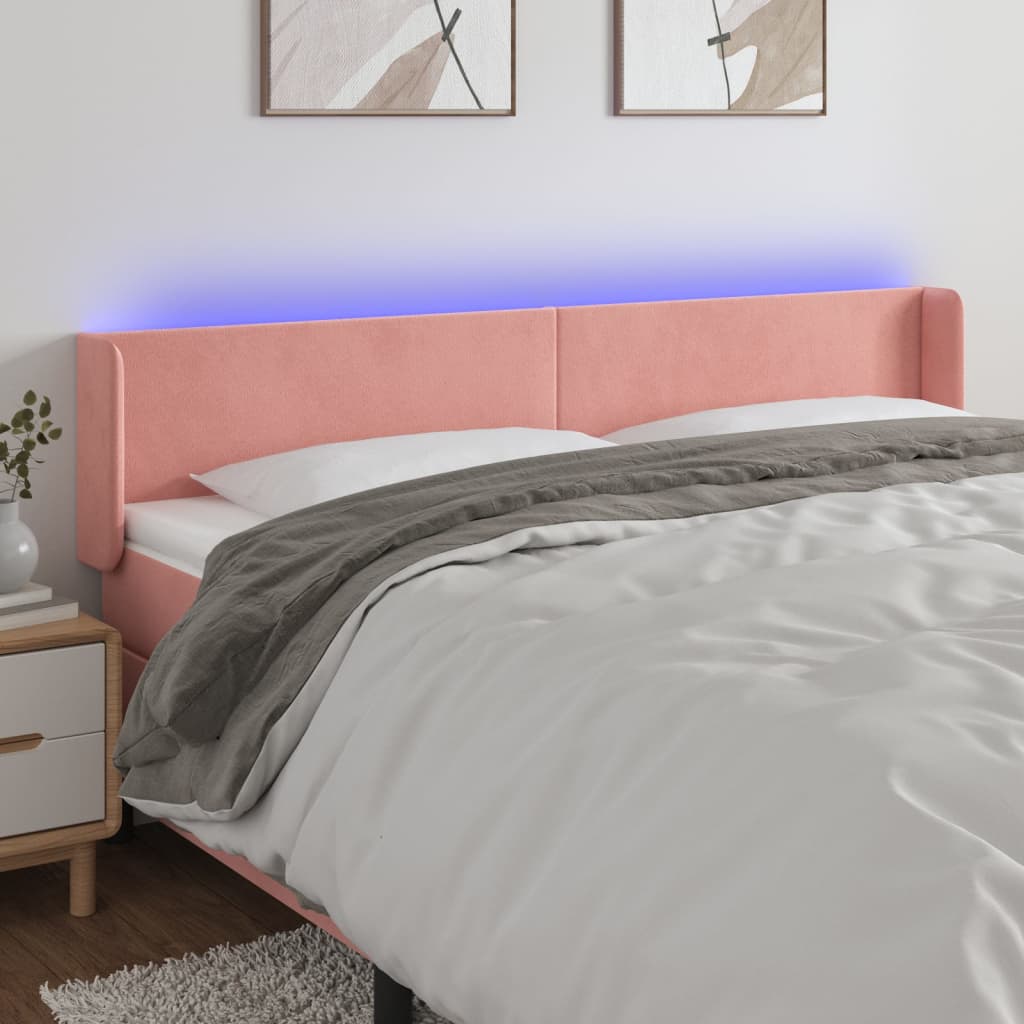 sengegavl med LED-lys 203x16x78/88 cm fløjl lyserød