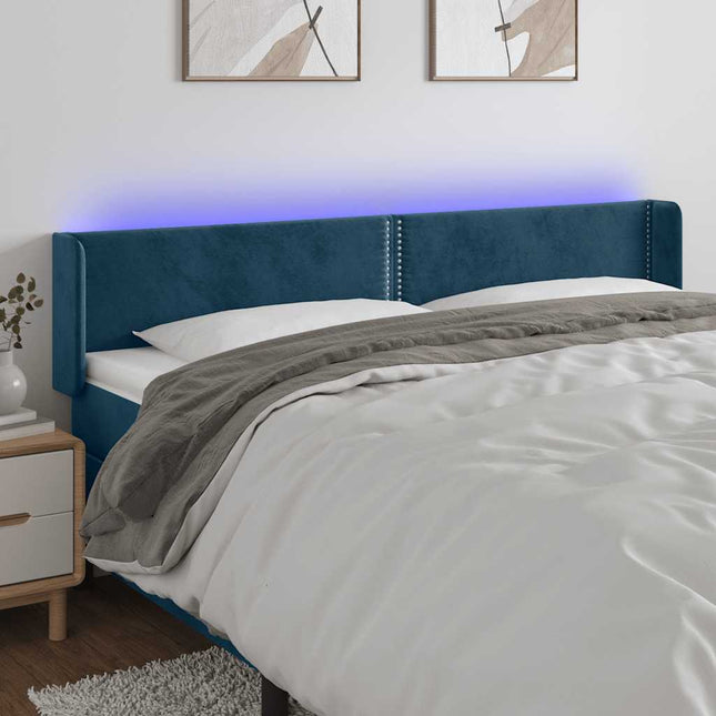 sengegavl med LED-lys 203x16x78/88 cm fløjl mørkeblå