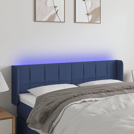 sengegavl med LED-lys 147x16x78/88 cm stof blå
