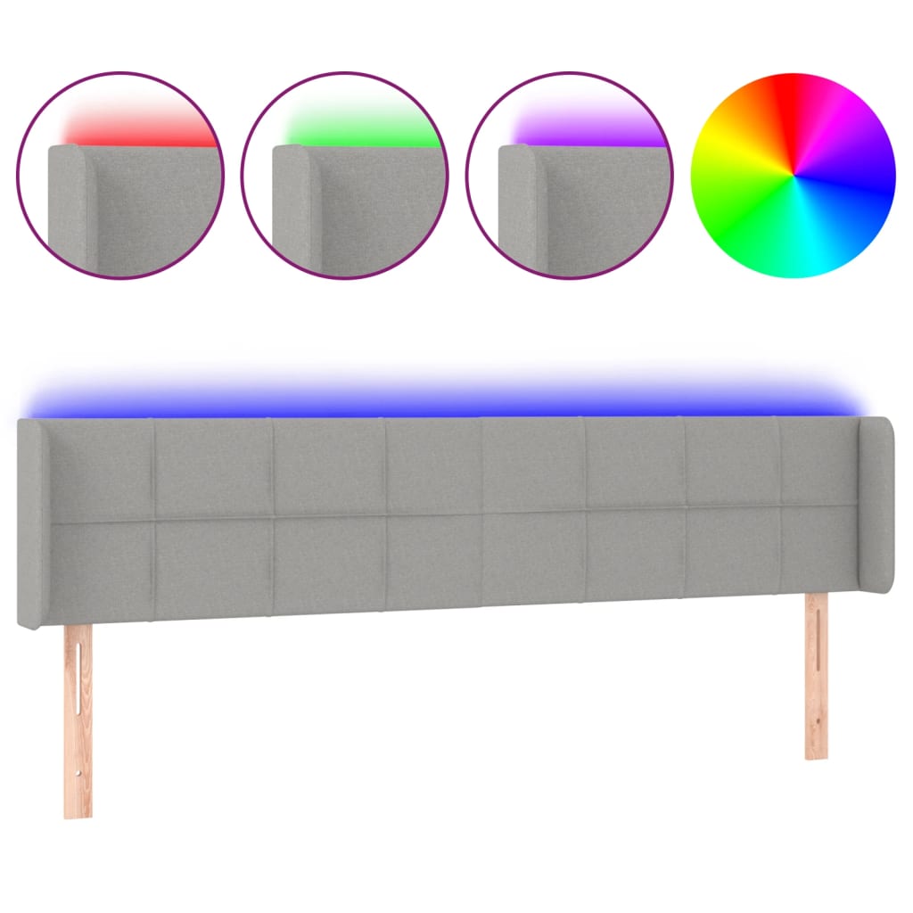 sengegavl med LED-lys 183x16x78/88 cm stof lysegrå