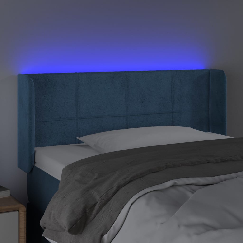 sengegavl med LED-lys 83x16x78/88 cm stof Mørkeblå