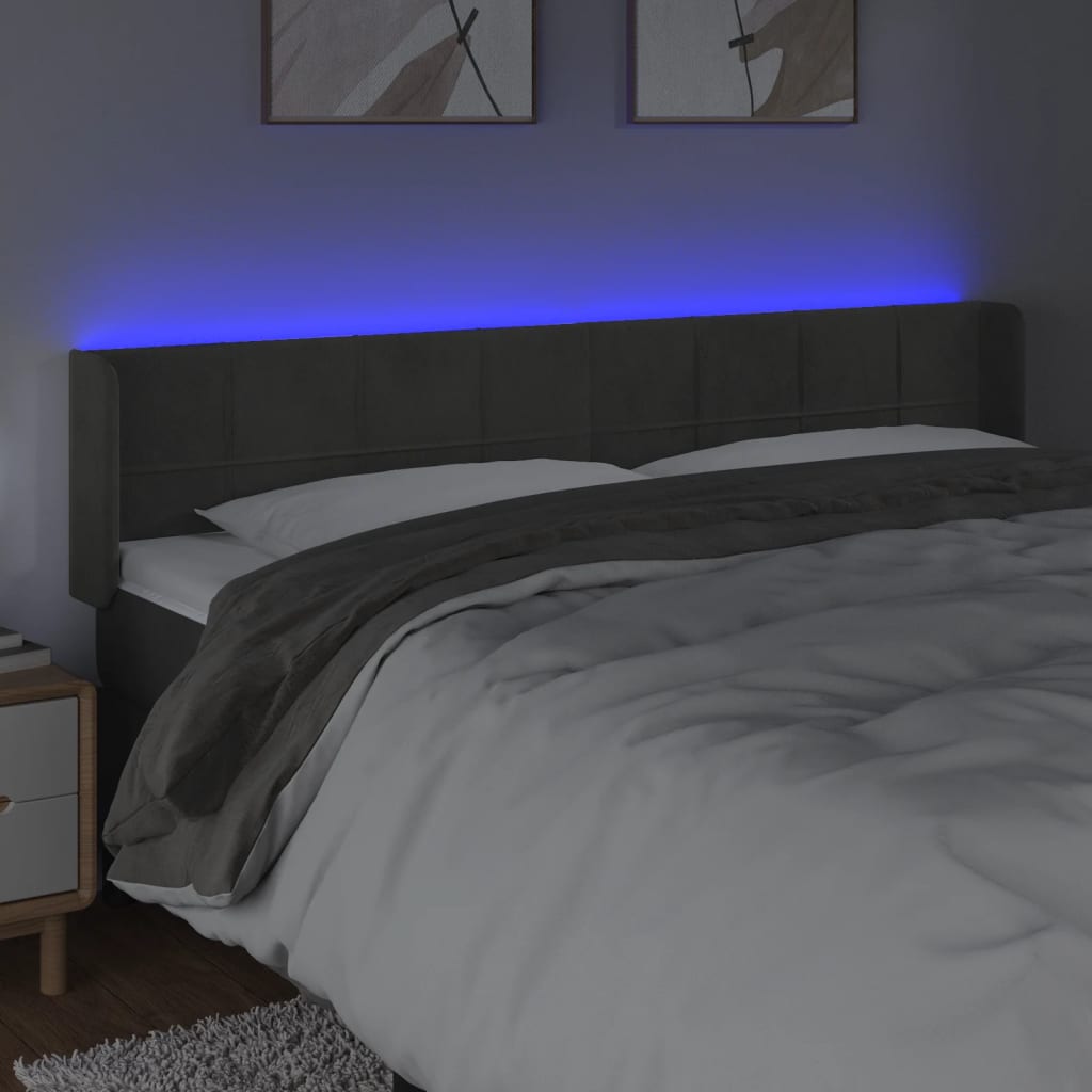 sengegavl med LED-lys 163x16x78/88 cm fløjl mørkegrå