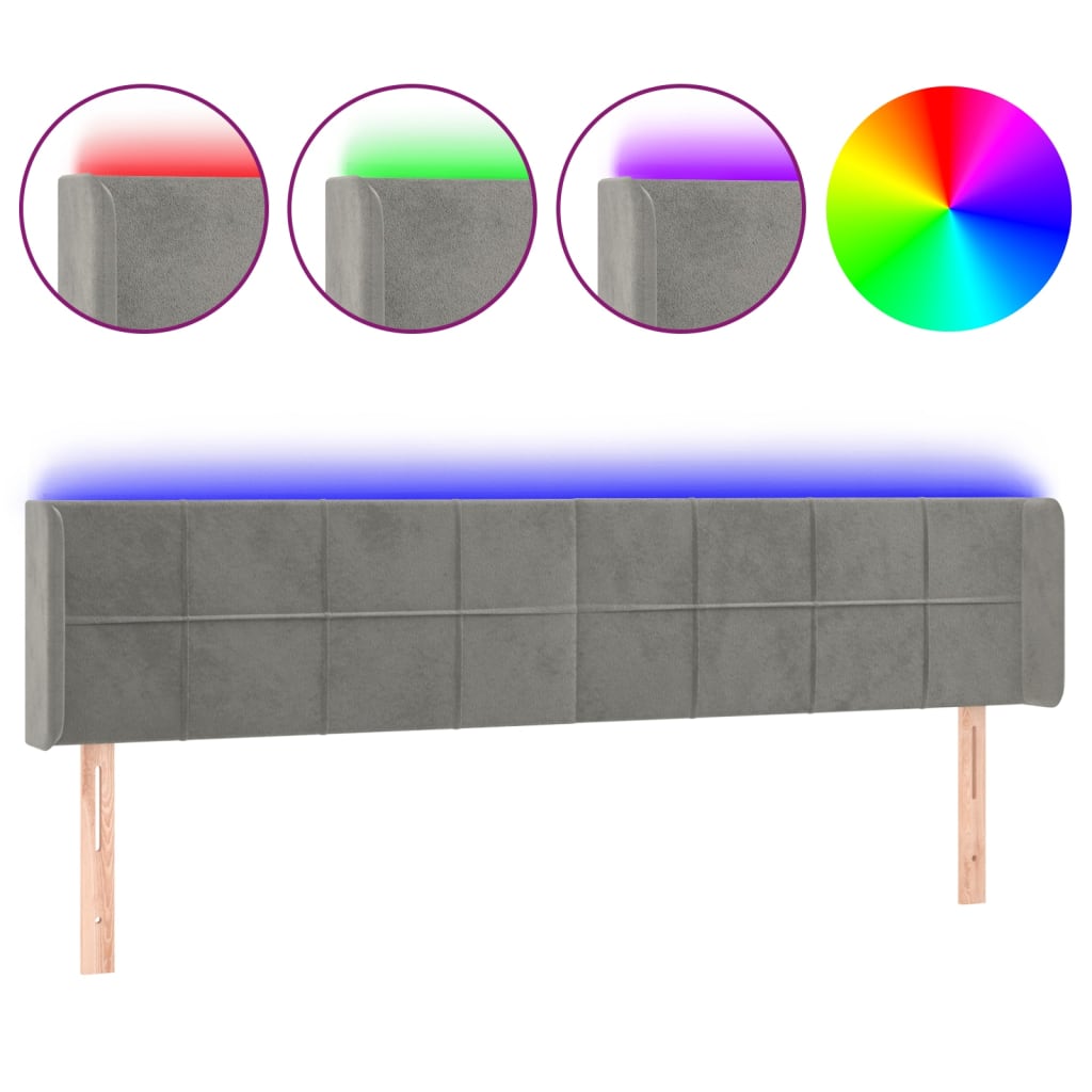 sengegavl med LED-lys 183x16x78/88 cm fløjl lysegrå