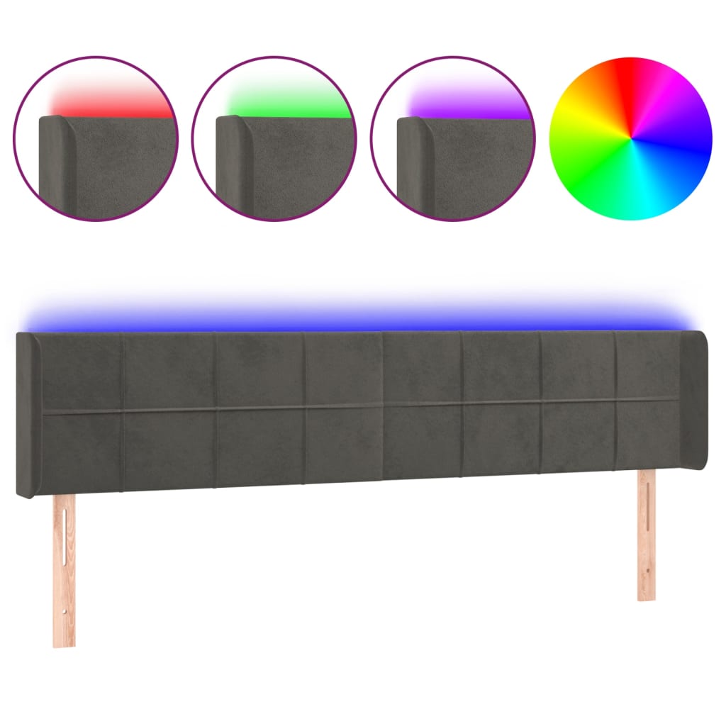 sengegavl med LED-lys 203x16x78/88 cm fløjl mørkegrå