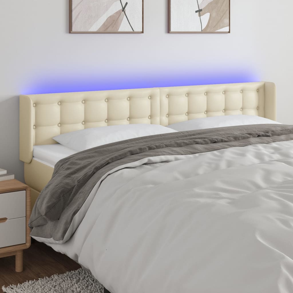 sengegavl med LED-lys 163x16x78/88 cm kunstlæder cremefarvet
