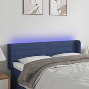 sengegavl med LED-lys 147x16x78/88 cm stof blå