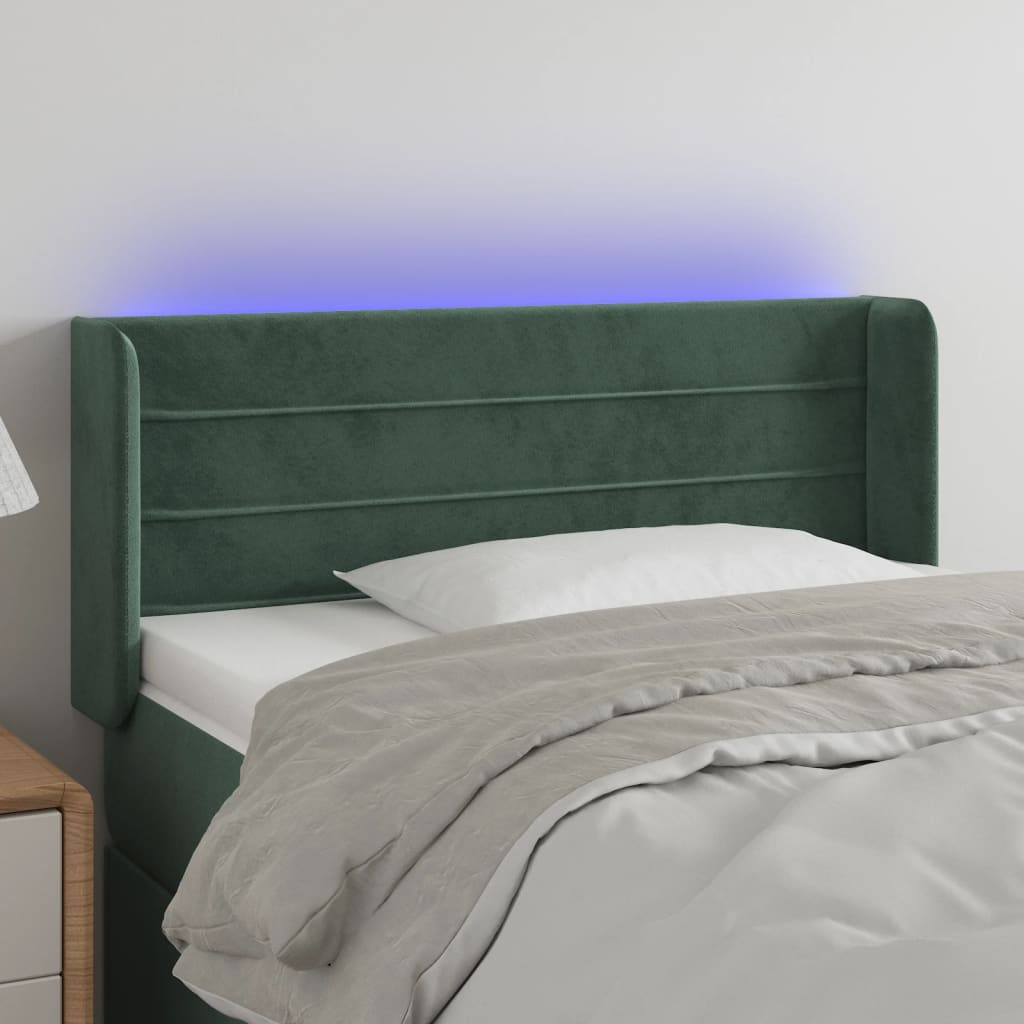 sengegavl med LED-lys 93x16x78/88 cm fløjl Mørkegrøn