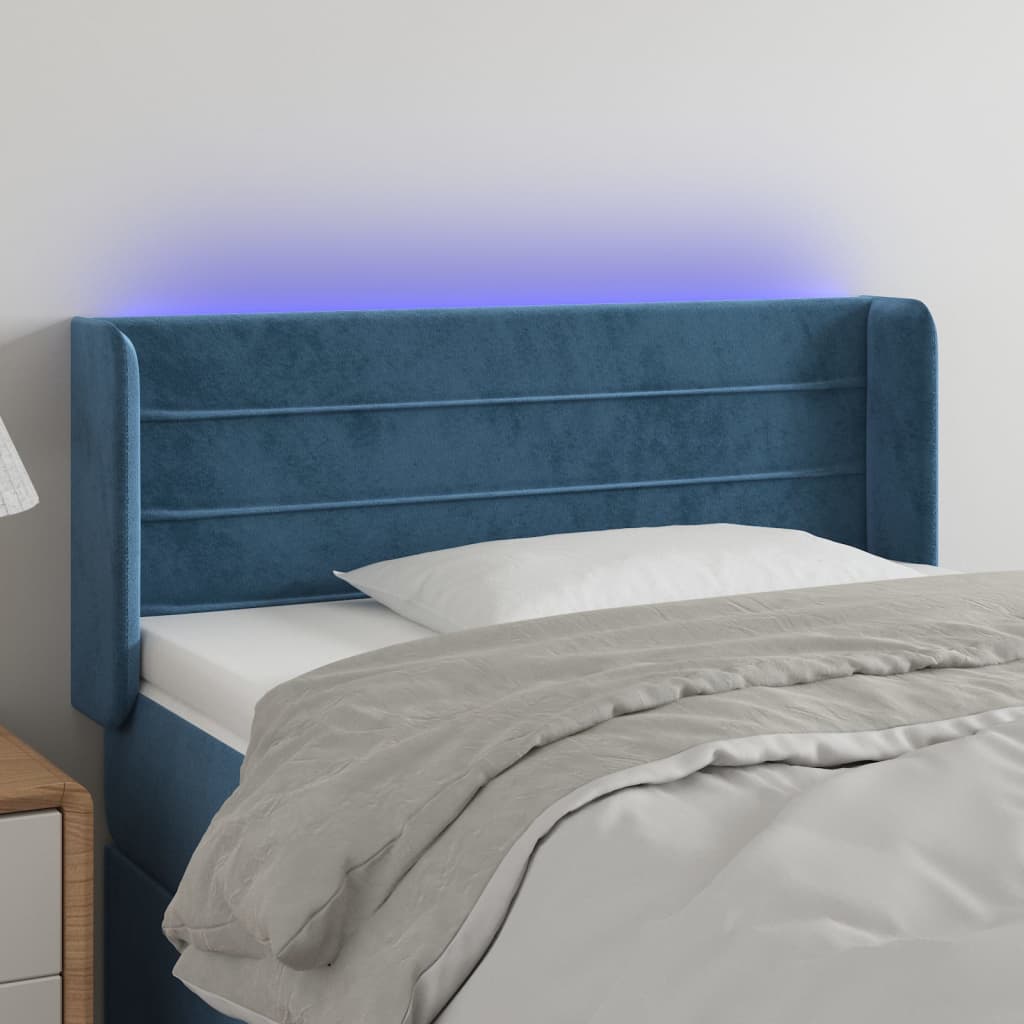 sengegavl med LED-lys 103x16x78/88 cm fløjl mørkeblå