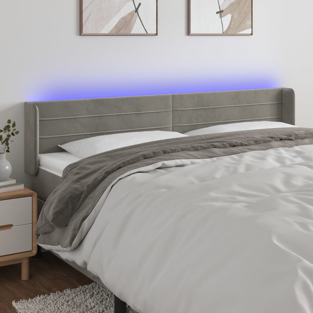 sengegavl med LED-lys 183x16x78/88 cm fløjl lysegrå